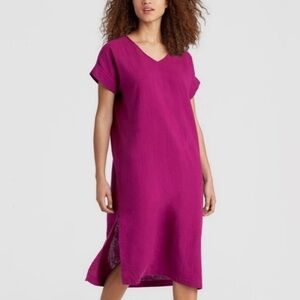Eileen Fisher Fuchsia Pink Organic Cotton Gauze V-Neck Midi Dress Summer Size XL